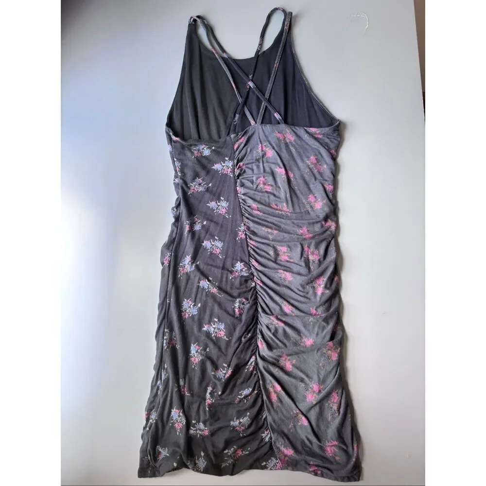 Free people cross back mini floral dress ruched spaghetti strap gray small